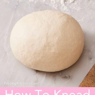 Pinterest graphic showing a ball of dough on a marble countertop with flour sprinkled.