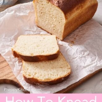 Pinterest graphic showing a loaf of homemade bread with two slices cut off and laid next to it.