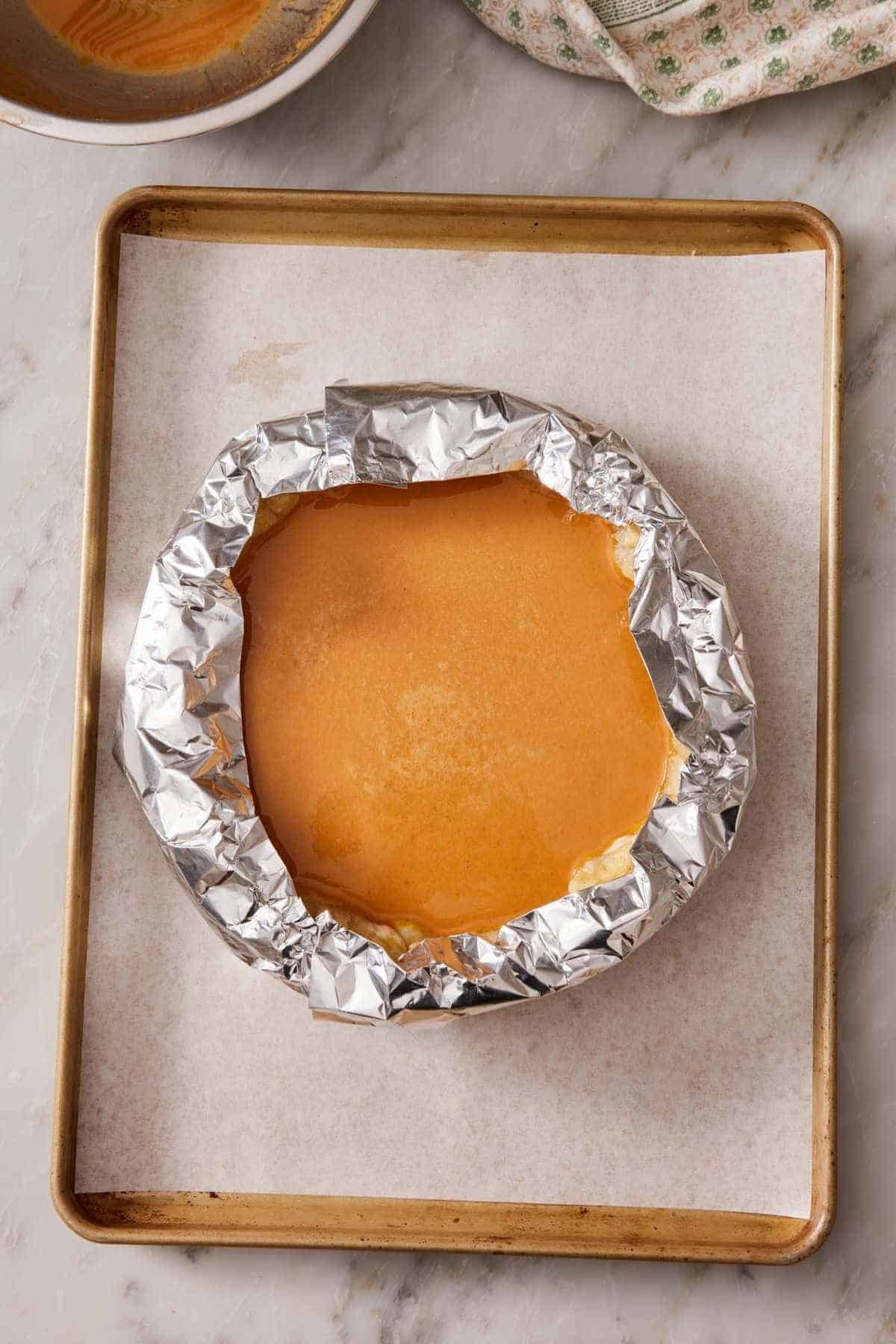 Overhead shot of a pie with the edges shielded using the strips method.