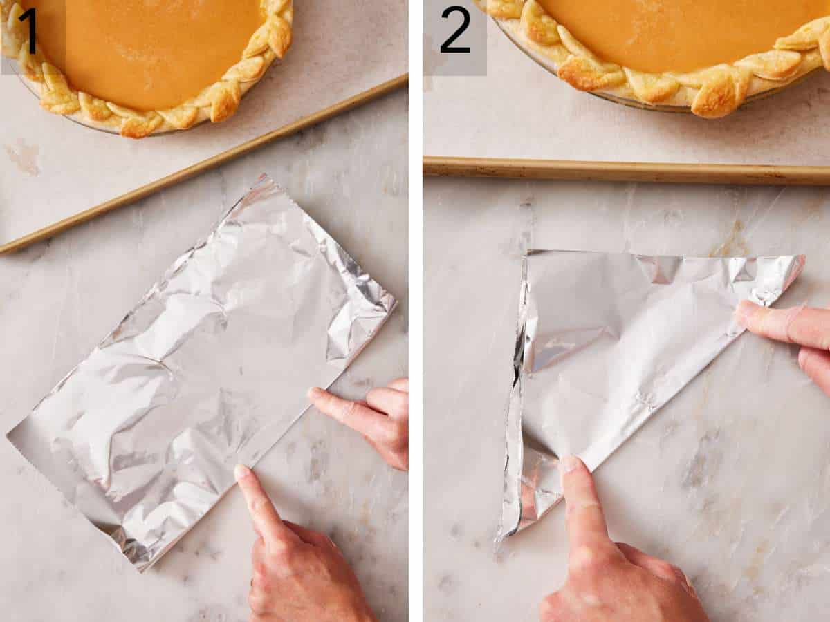 Set of two images showing aluminum foil folded into a rectangle, then a triangle.
