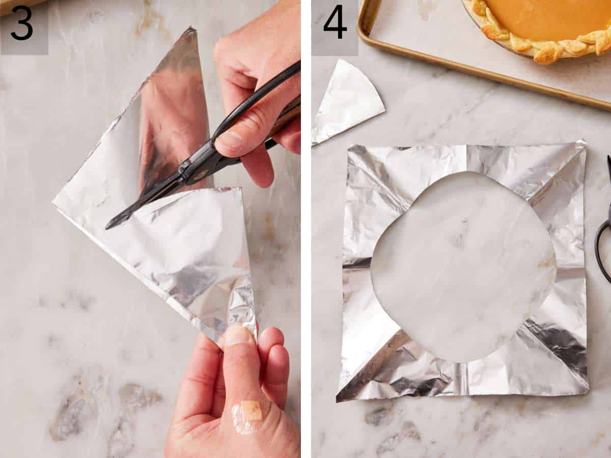 Set of two images showing the triangle cut, and the foil unfolded to show how to make a pie crust shield cutout.
