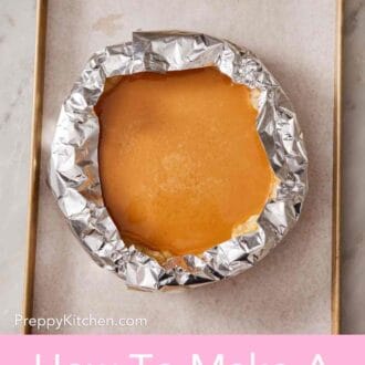Pinterest graphic showing a pumpkin pie on a baking sheet, the edges shielded with foil strips.