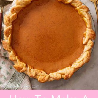 Pinterest graphic showing an overhead view of a pumpkin pie with decorative cutout edges.