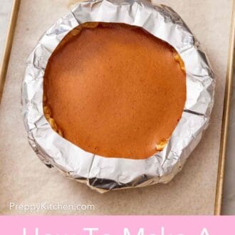 Pinterest graphic showing a pie with the edges protected by an aluminum foil cutout.