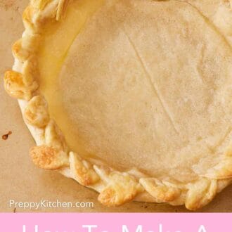 Pinterest graphic showing a pie crust brushed with egg wash.