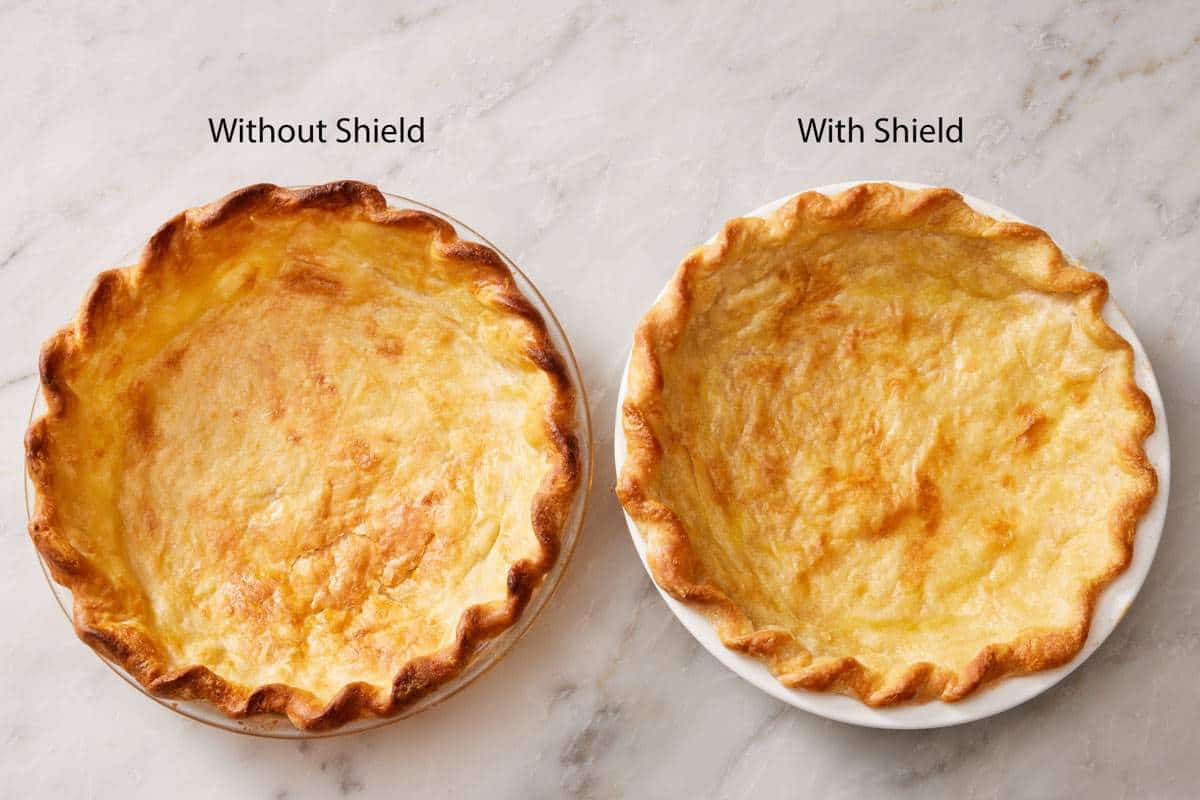 A comparison image showing two pie crusts, one baked with a shield and the other without.