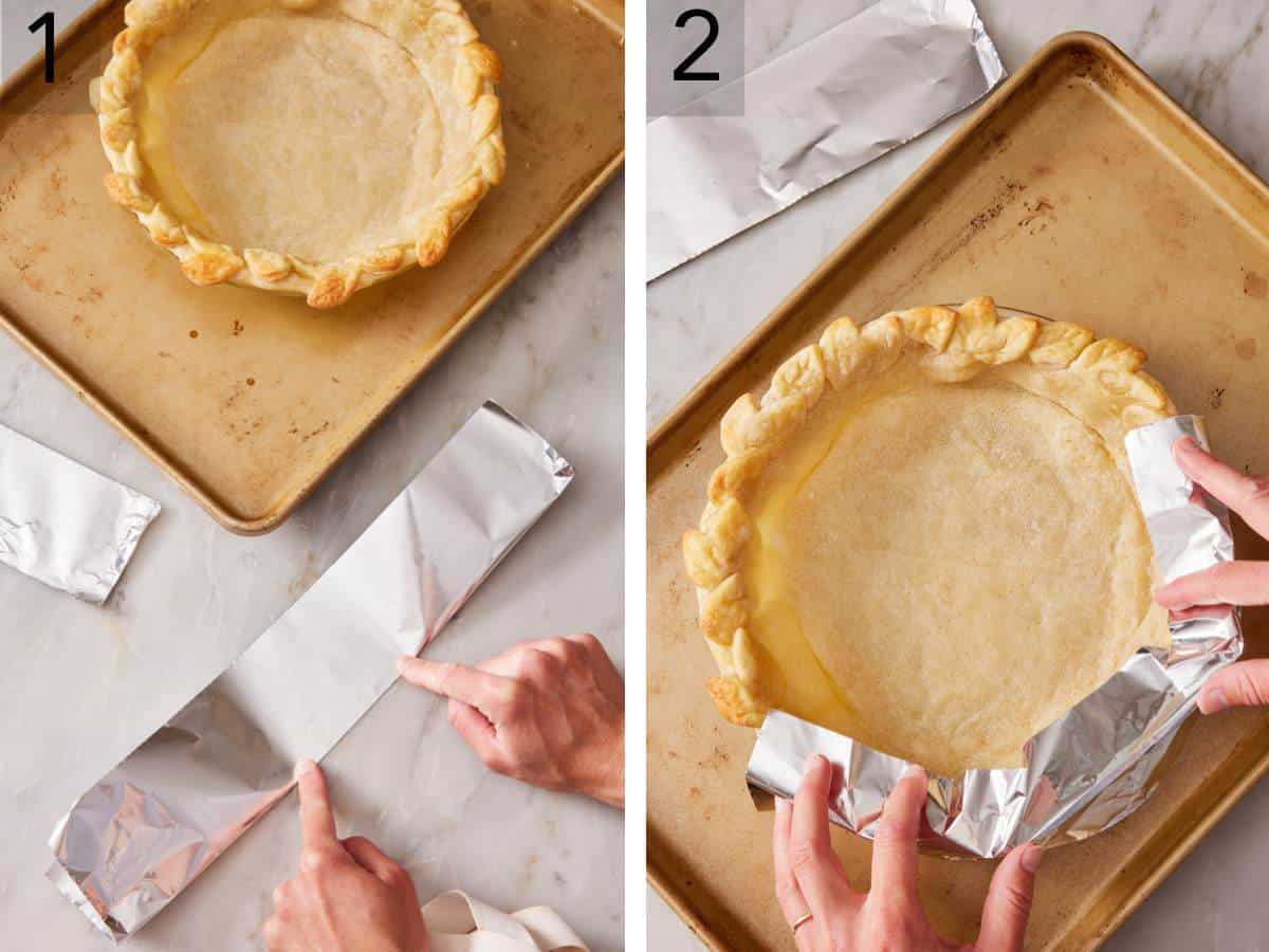 Set of two images showing foil folded into a rectangle and covering half the edge of the pie.