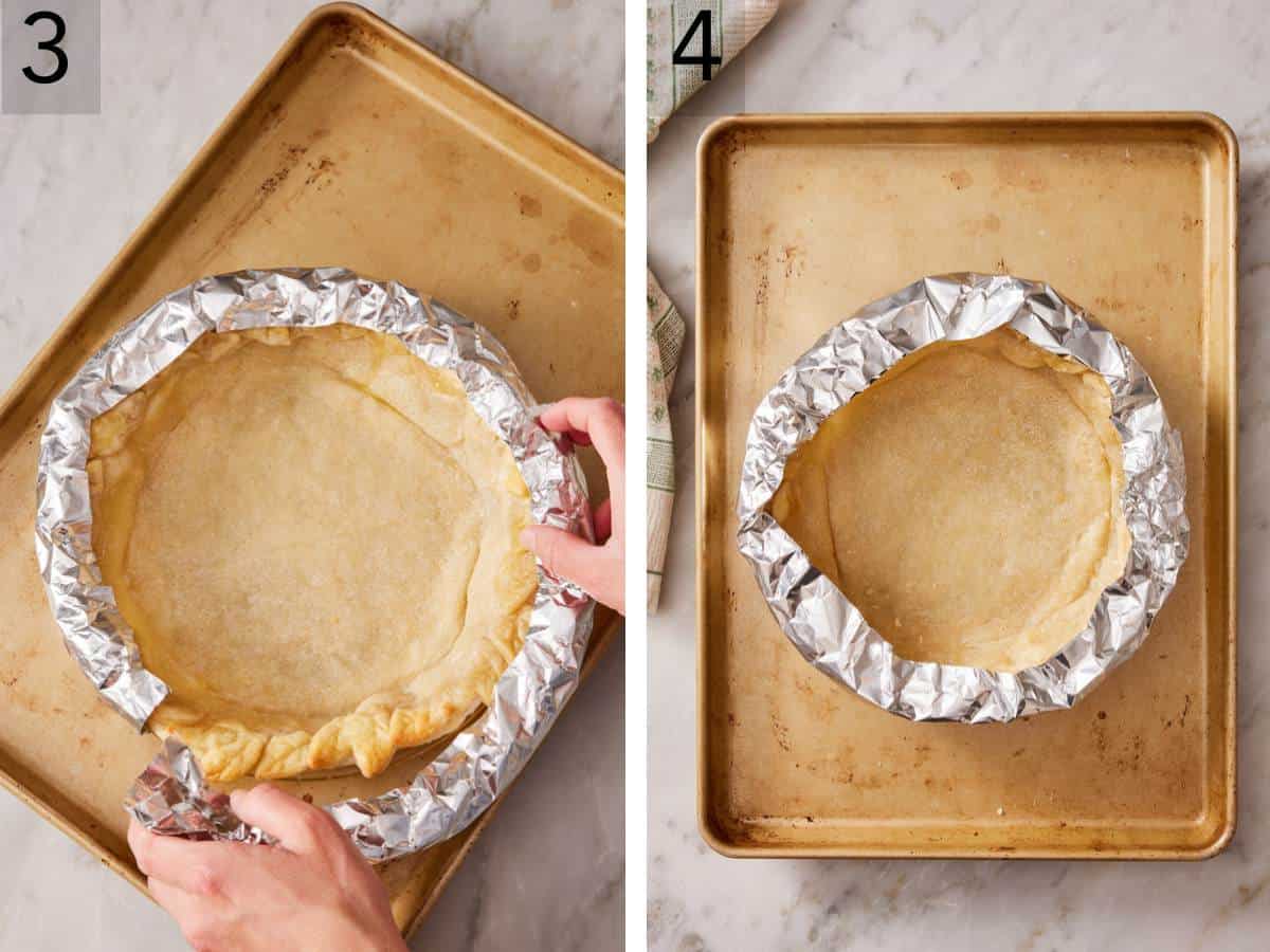 Set of two images showing the other half covered with another strip of foil, and the completely shielded pie edges.