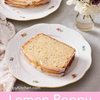 Pinterest graphic showing two slices of lemon poppy seed loaf on two plates.
