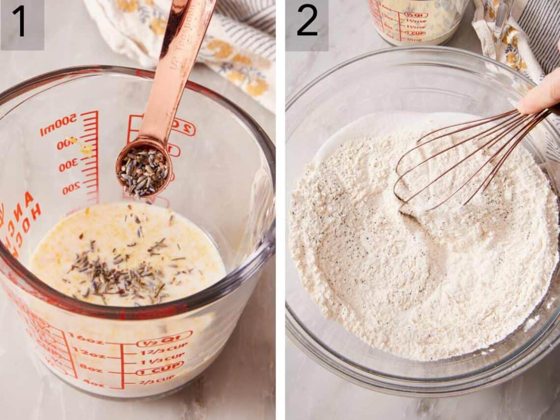 Set of two images showing lavender added to milk and dry ingredients whisked together in a separate bowl.
