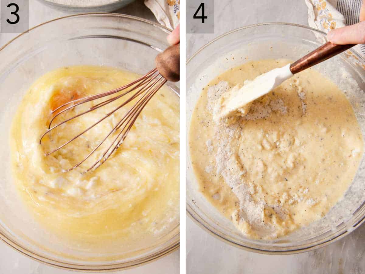 Set of two images showing wet ingredients whisked together, and the wet and dry ingredients combined.