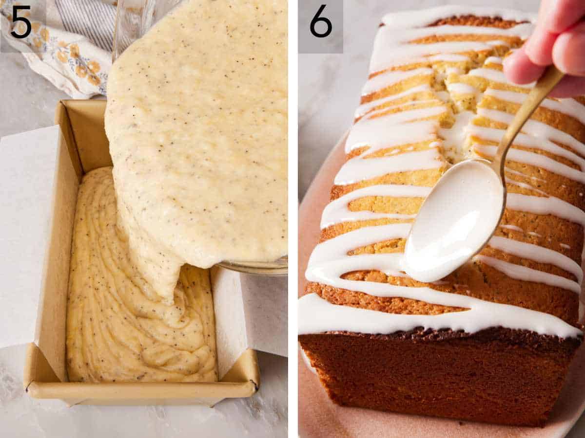Set of two images showing loaf batter added to a loaf pan, and the cooled loaf glazed.