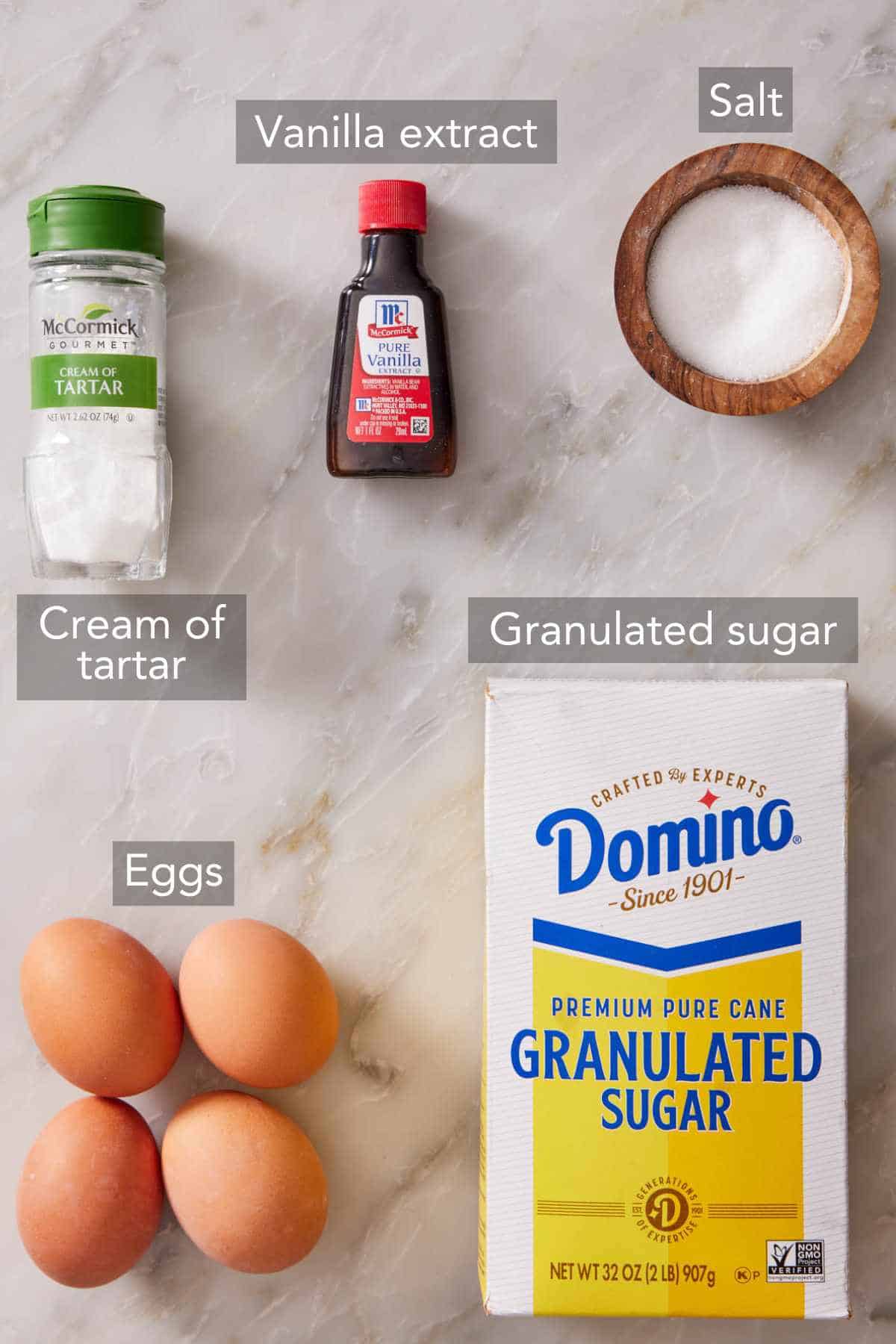 Ingredients for meringue cookies.