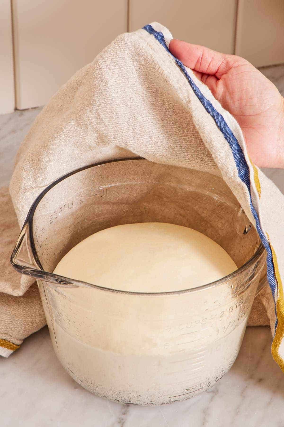 A tea towel lifted off a measuring jug containing puffed bread dough.