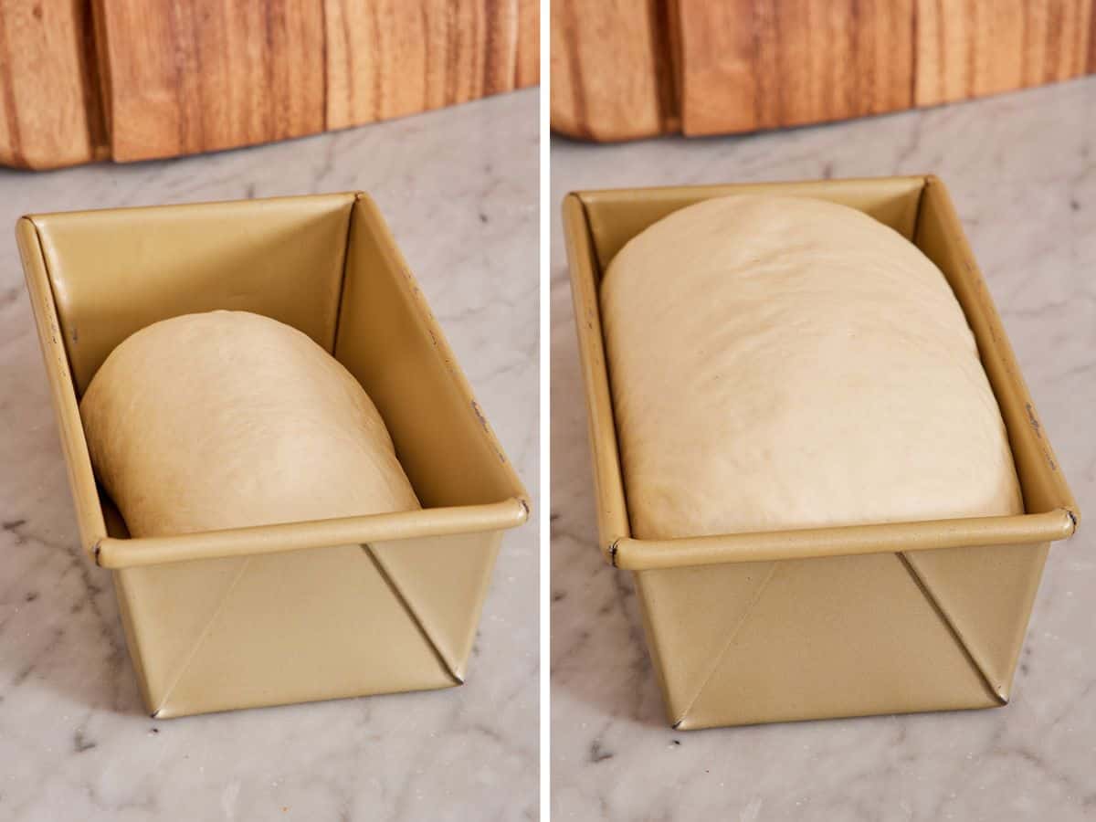 Set of two images showing bread dough in a loaf pan before and after rising.