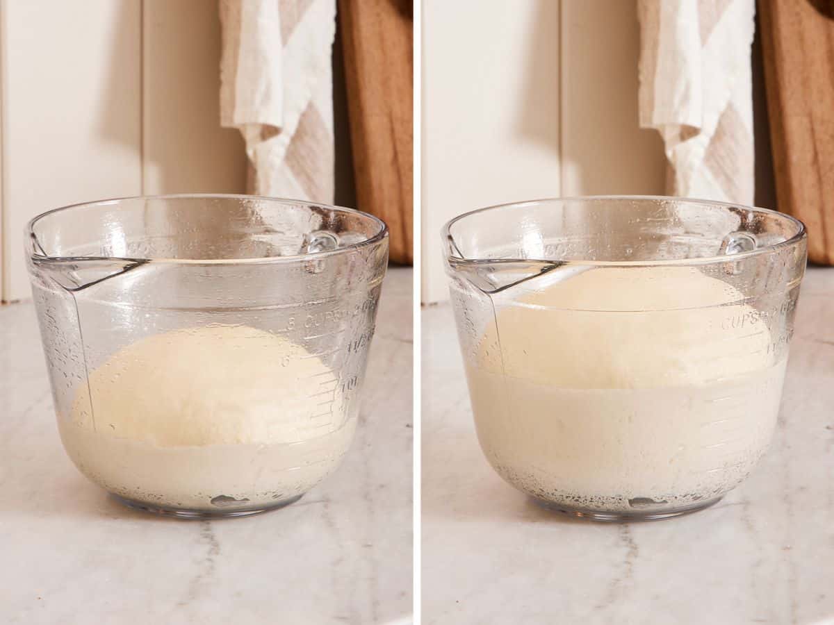 Set of two images showing dough in a large glass jug before and after the bulk rise.