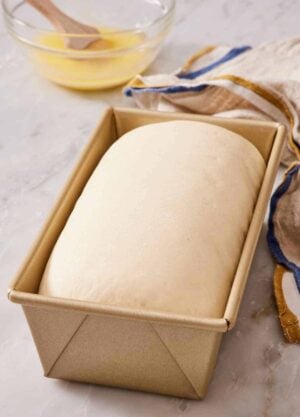 Proofed dough in a loaf pan with a bowl of melted butter out of focus in the background.