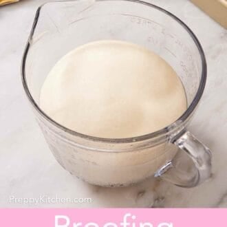 Pinterest graphic showing dough proofing in a large glass jug on a counter.