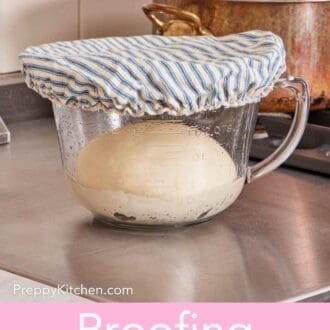 Pinterest graphic showing bread dough in a jar, covered, on a counter by the strove to proof.