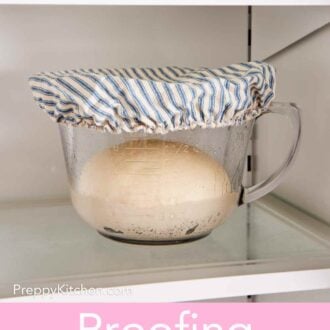 Pinterest graphic showing a covered jar of bread dough in the refrigerator.