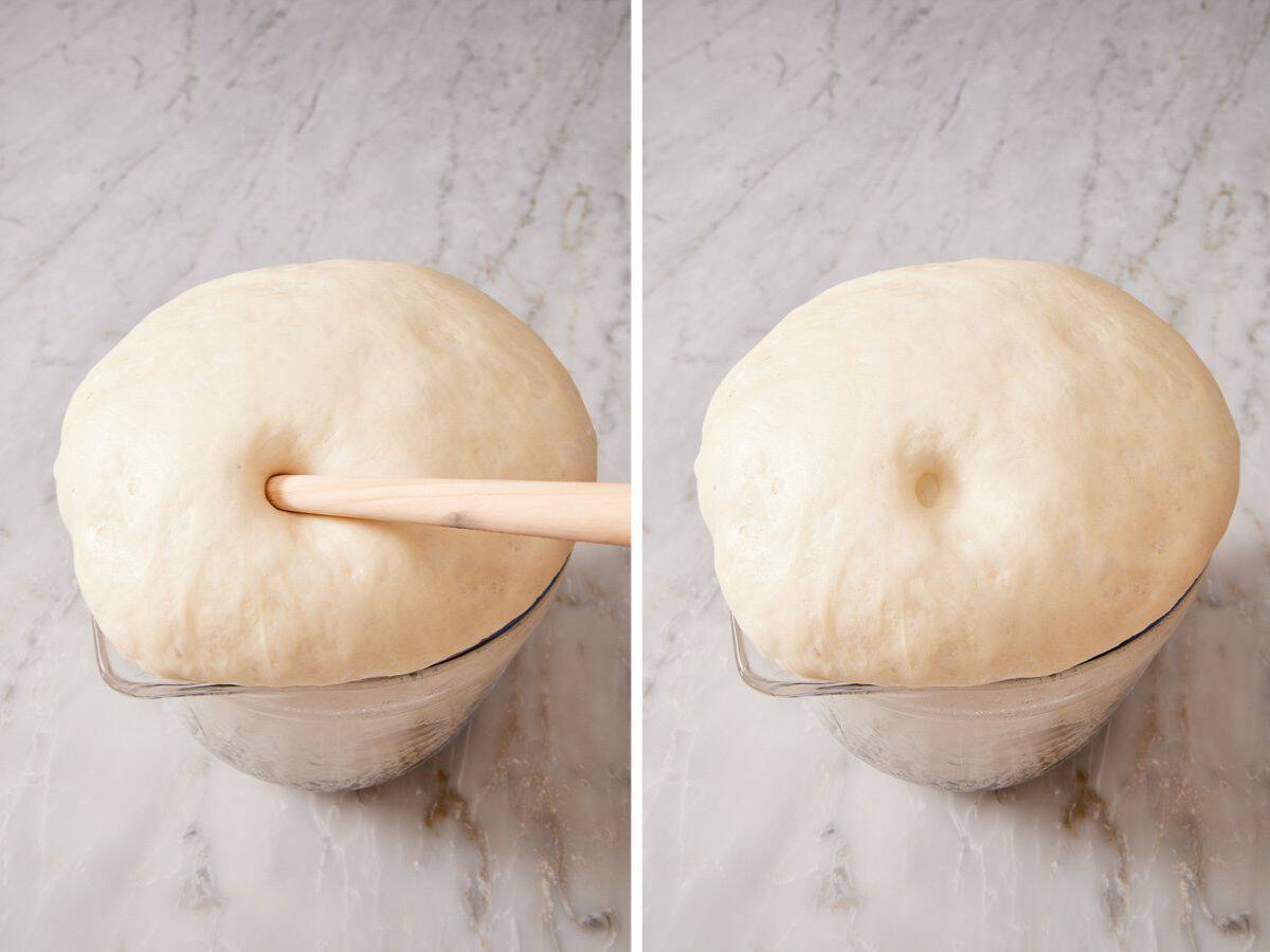 Set of two images showing how to do the poke test on dough with the end of a wooden spoon.