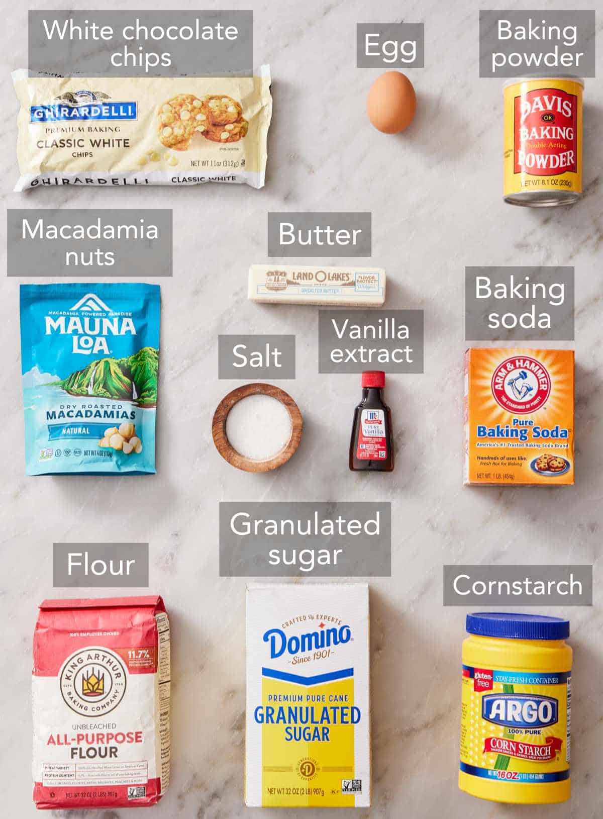 Ingredients for white chocolate macadamia nut cookies.