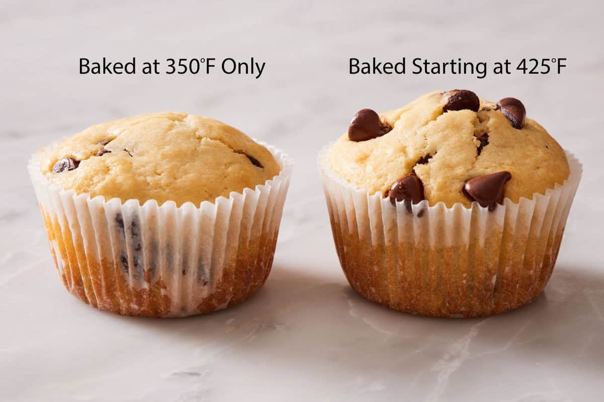 Comparison image showing the difference in how the muffin domes when baked at two different temperatures.