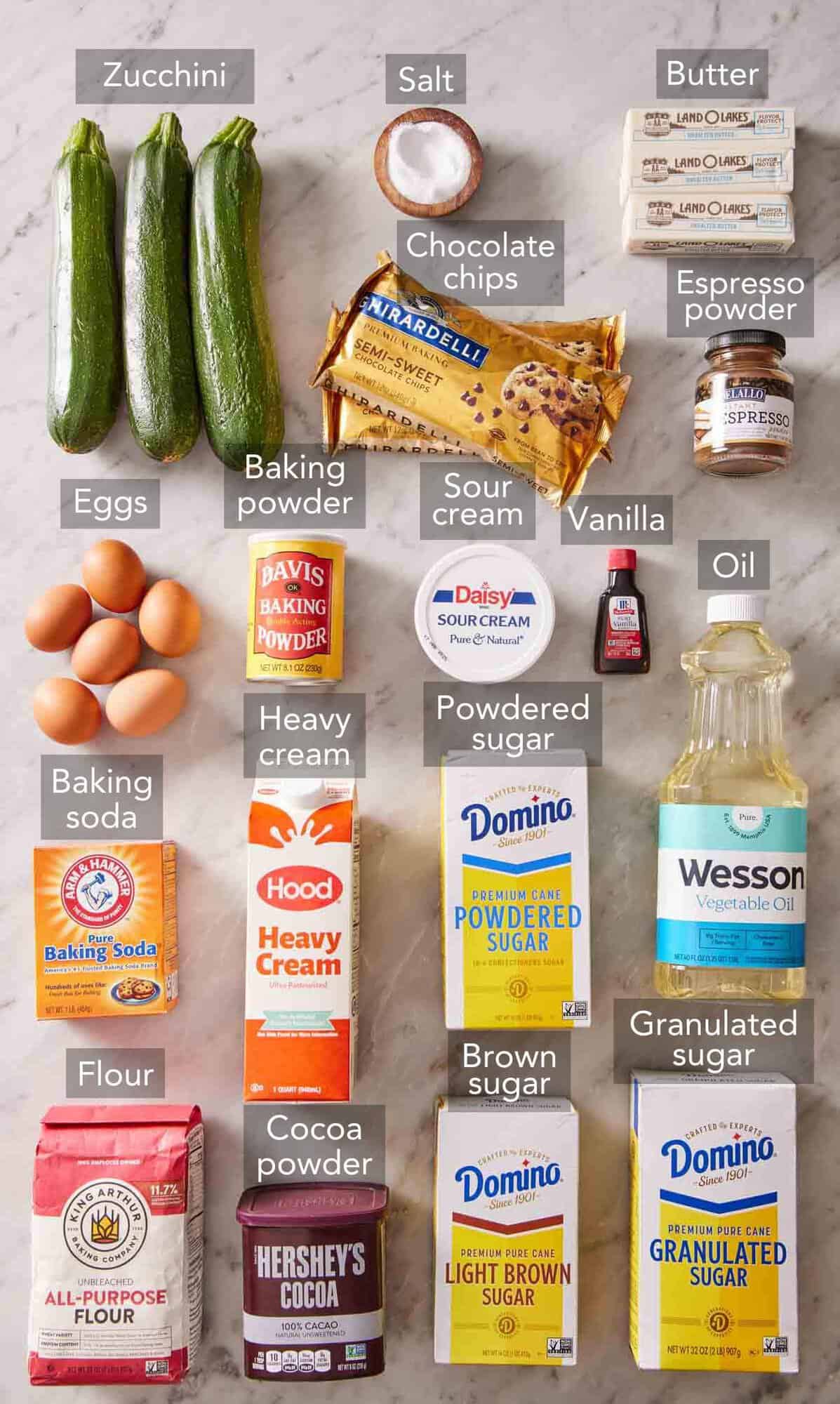 Ingredients for chocolate zucchini cake.