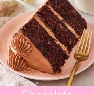 Pinterest graphic showing a slice of chocolate zucchini cake laying on its side on a small plate with a fork.