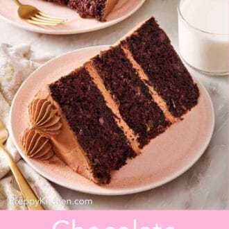 Pinterest graphic showing a slice of chocolate zucchini cake on a plate with a glass of milk next to it.