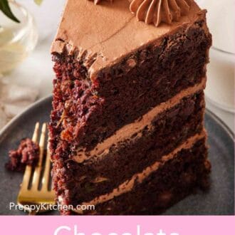Pinterest graphic showing a close-up of a slice of chocolate zucchini cake on a small plate with a small forkful removed.
