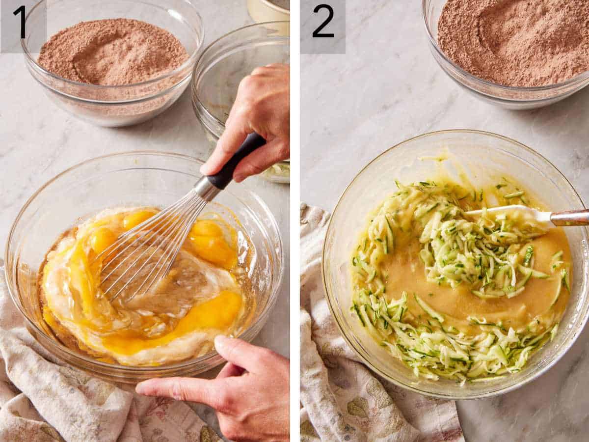 Set of two images showing wet ingredients folded together, and zucchini folded in.