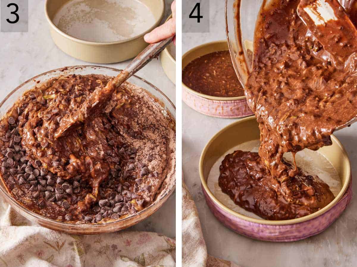 Set of two images showing wet and dry ingredients combined and choc chips added, and cake batter divided amongst cake pans.