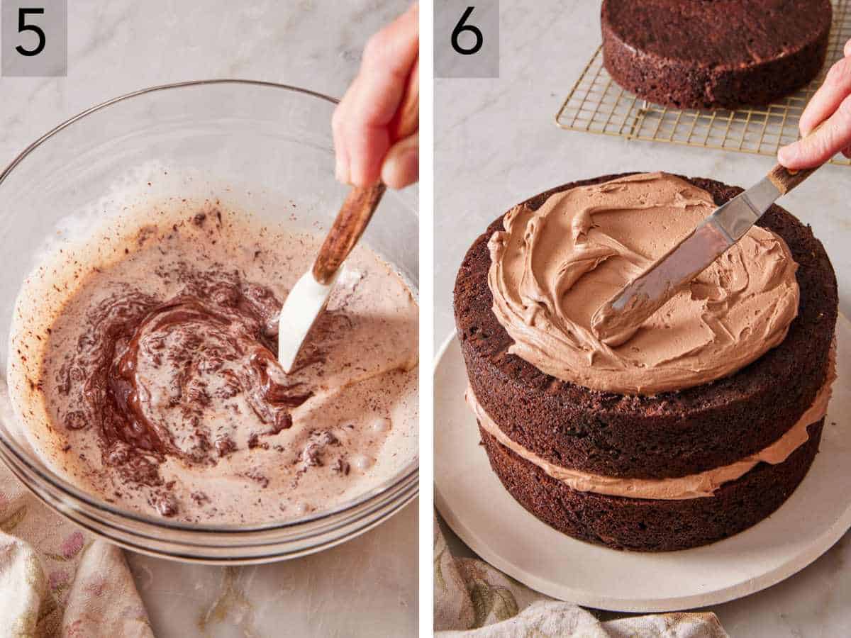 Set of two images showing chocolate ganache made, and buttercream spread over the cake.