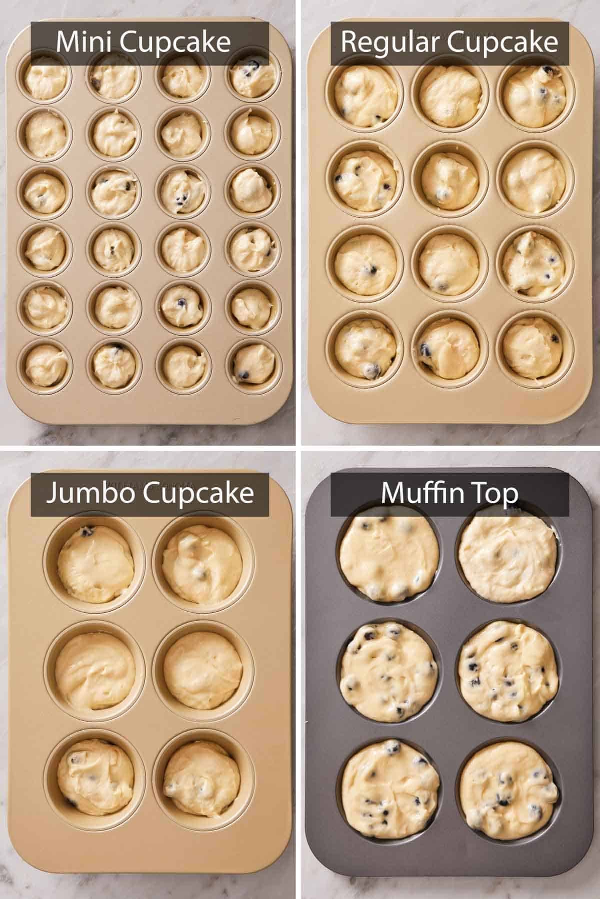 Overhead shot of batter in different cupcake pans.