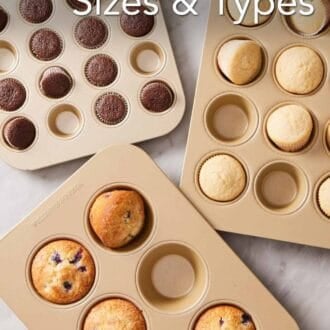 Pinterest graphic showing three different cupcake pans with baked cupcakes filling some of the cavities.