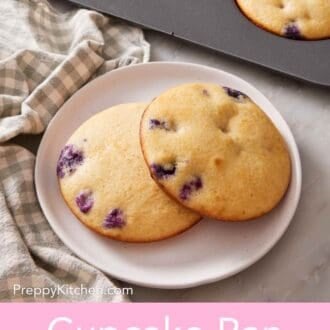 Pinterest graphic showing blueberry muffin tops baked in a muffin top pan.