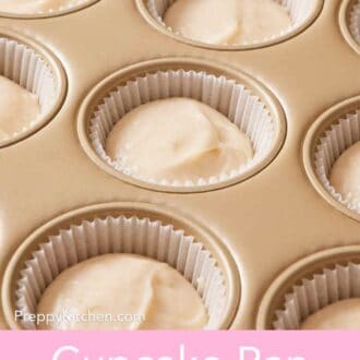 Pinterest graphic showing a close-up of batter in a cupcake pan.