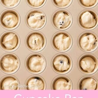 Pinterest graphic showing an overhead shot of batter in a mini cupcake pan.