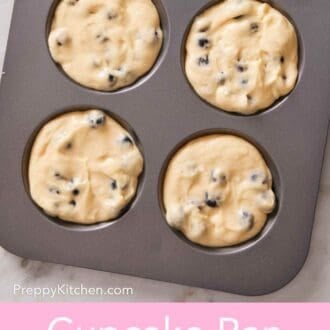 Pinterest graphic showing an overhead shot of batter in a cupcake pan.
