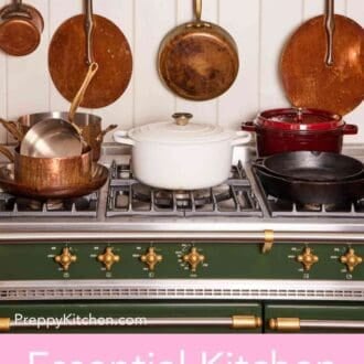 Pinterest graphic showing pots and pans made of different materials set on a stovetop, with more pans hanging from hooks behind it.