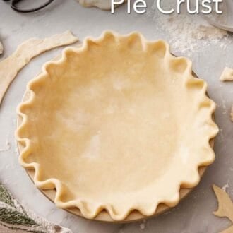 Pinterest graphic showing a pie in a dish with a traditional crimped edge.
