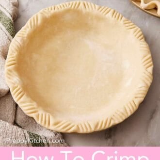 Pinterest graphic showing a pie crust with a fork crimp on the edge.