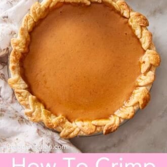 Pinterest graphic showing a pumpkin pie with a decorative cutout crimp.