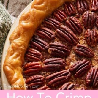 Pinterest graphic showing a close-up of a portion of a pecan pie with a spoon crimp.
