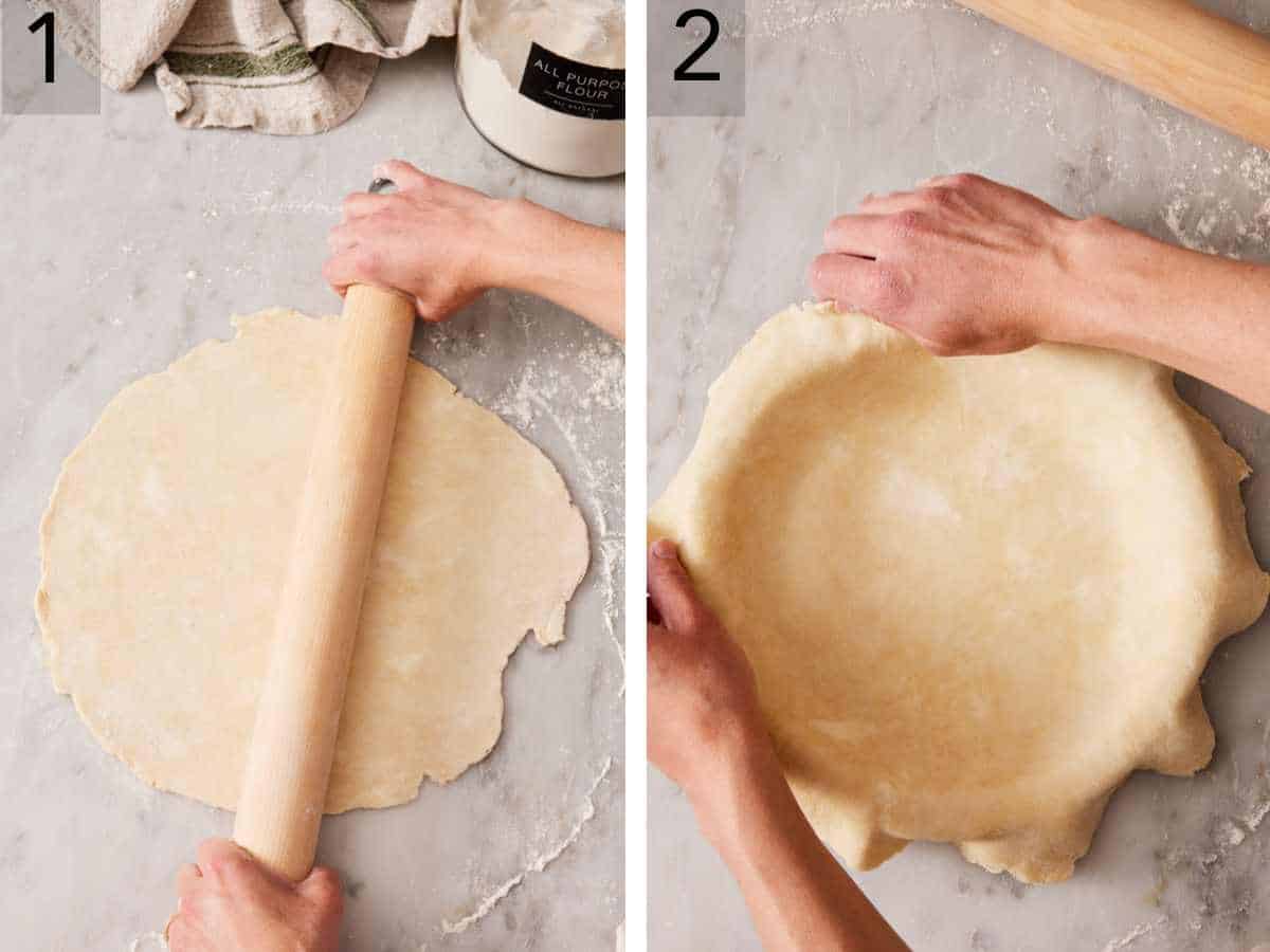 Set of two images showing pie dough rolled out and placed in a pie dish.