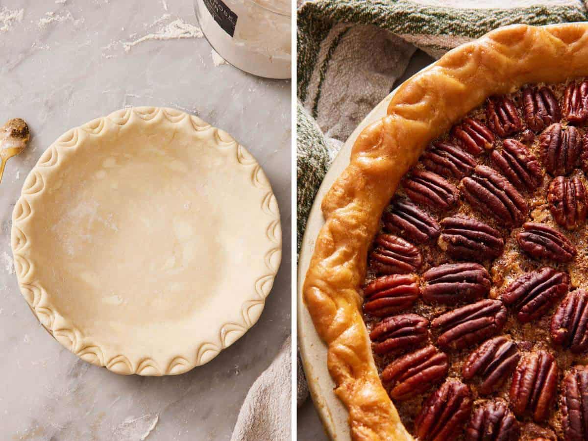 Two images showing how a spoon crimp looks on a pie crust before and after baking.
