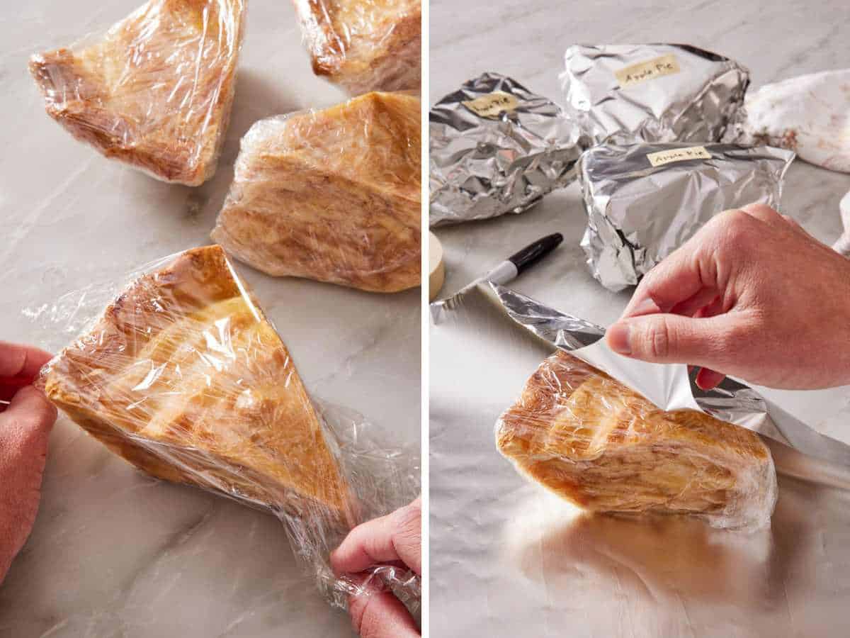 Two images showing how to freeze a pie slice in plastic wrap and a layer of foil.