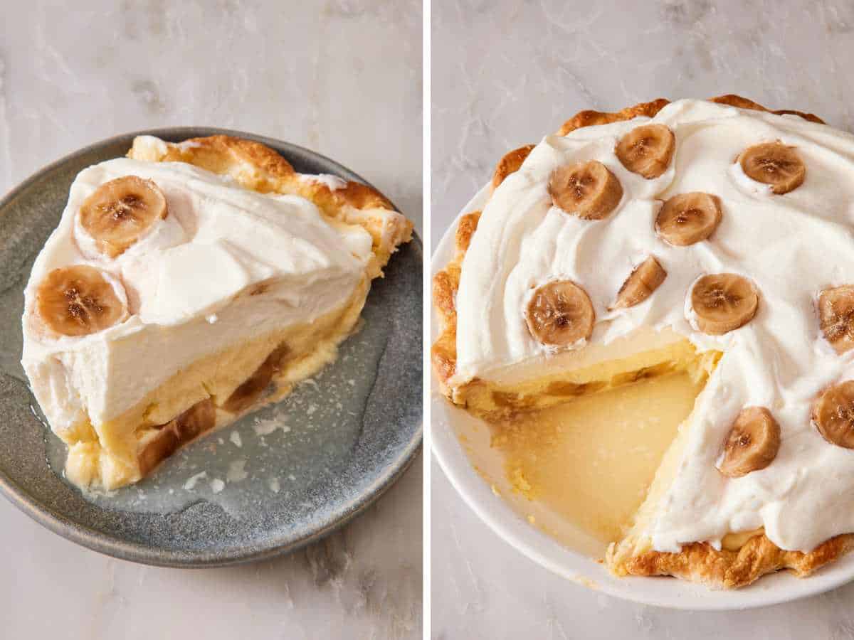 Two images showing how a slice of banana cream pie thaws out as well as a whole banana cream pie.