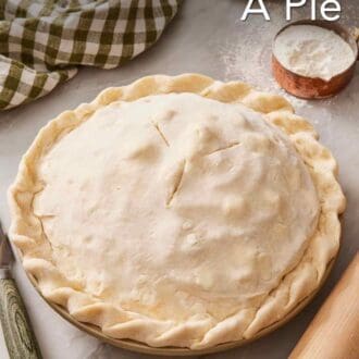 Pinterest graphic showing an unbaked pie on a counter with baking tools surrounding it.